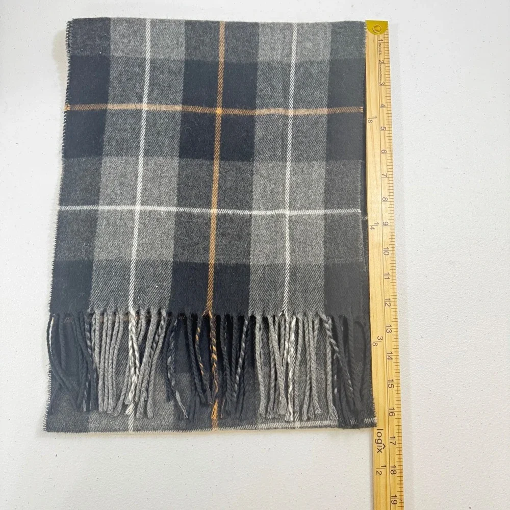 Made in Italy Grey Plaid Acrylic Fringe Scarf‎ Black White Orange Accent